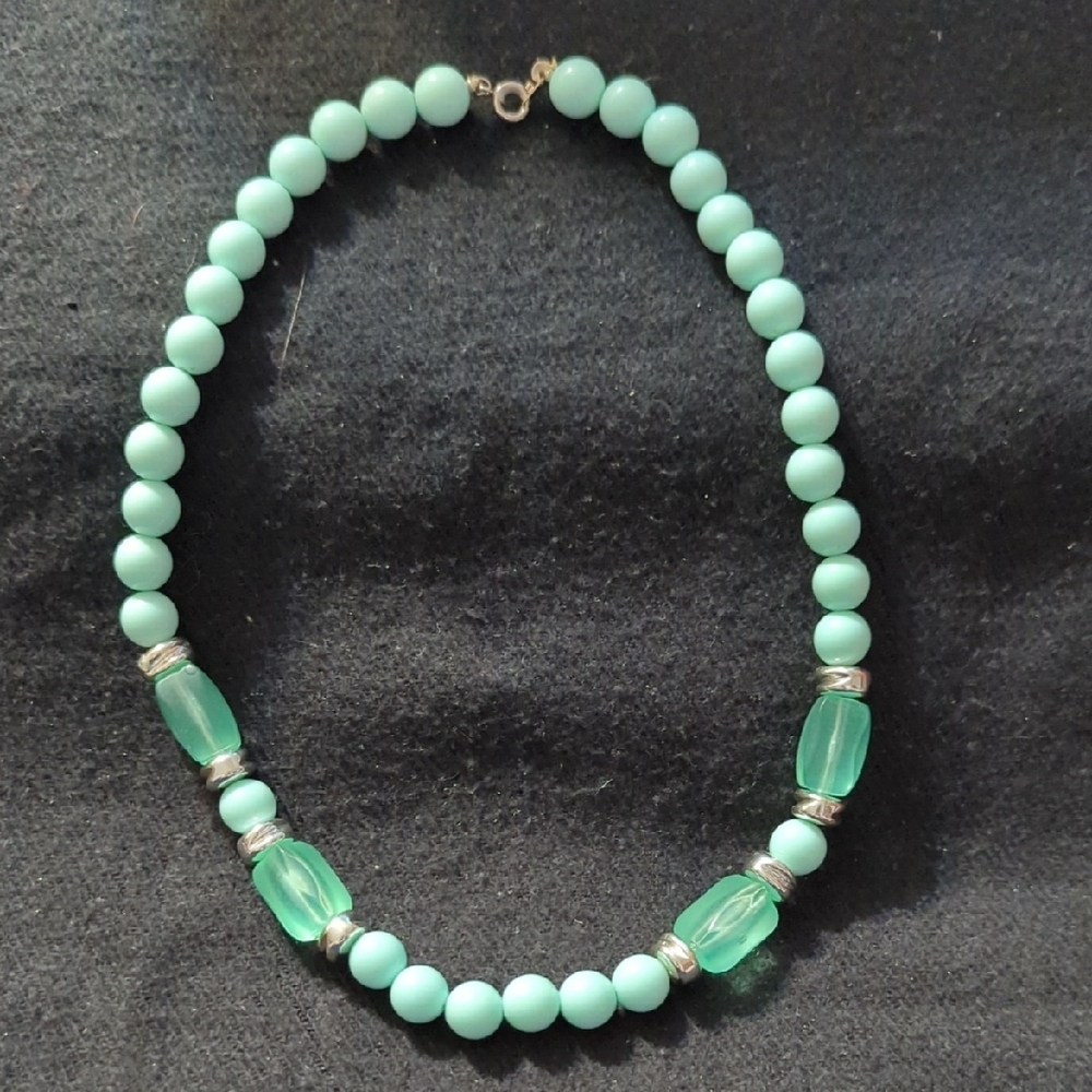 Silver Tone Mint Green Beaded Chunky Statement Necklace